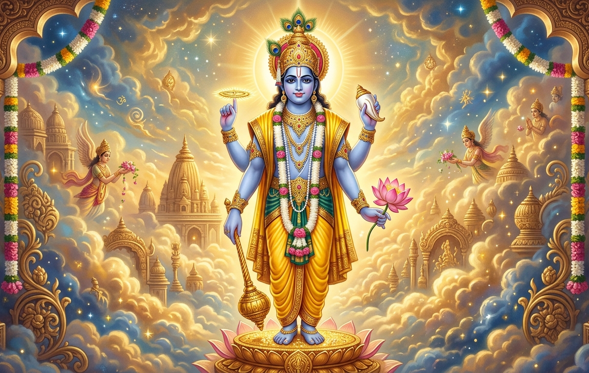 Lord Vishnu standing on a pink lotus with a soft glowing aura.