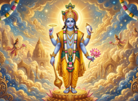 Lord Vishnu standing on a pink lotus with a soft glowing aura.